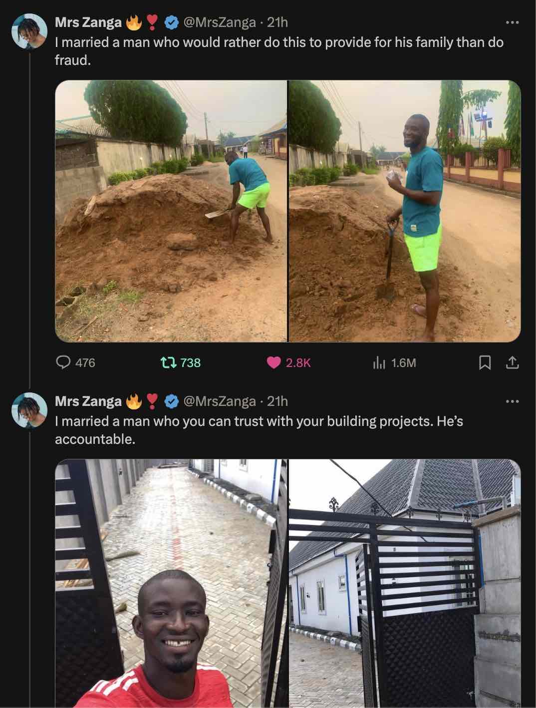 "I married a man who would rather do this than fraud" - Lady praises her man